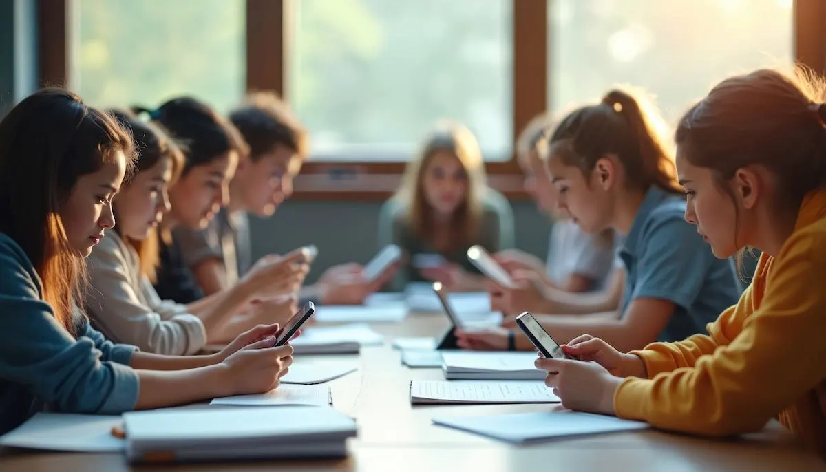 Children sitting around a table with papers while looking at their phones