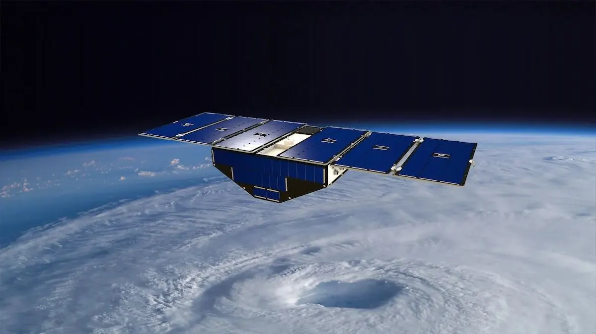 Concept art of CYGNSS above a hurricane