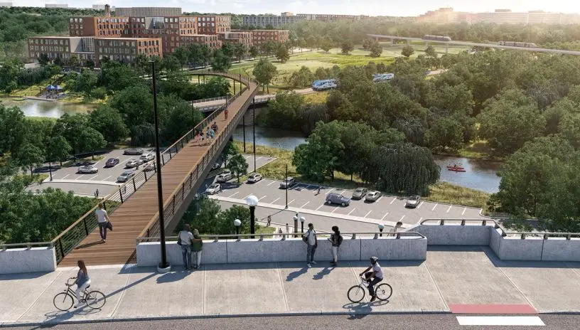 A rendering of campus with a new pedestrian bridge over the Huron River