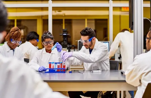 Researchers in lab gear examining liquid in vials