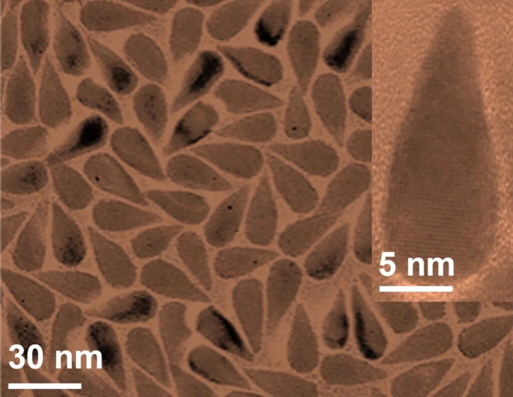 Teardrop-shaped particles are arranged in a mosaic pattern. An inset in the upper right corner of the image shows a close up view of one of the particles. Two scale bars reveal that the particles are around 30 nanometers long and 5 nanometers wide.
